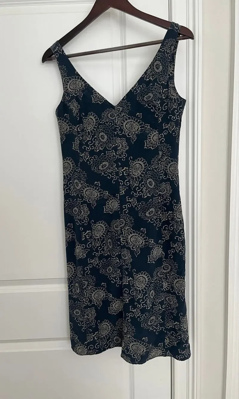 VTG J Crew 100% Silk Dress Blue Sunflower Floral Medallion Midi Slip 90s Sz. S